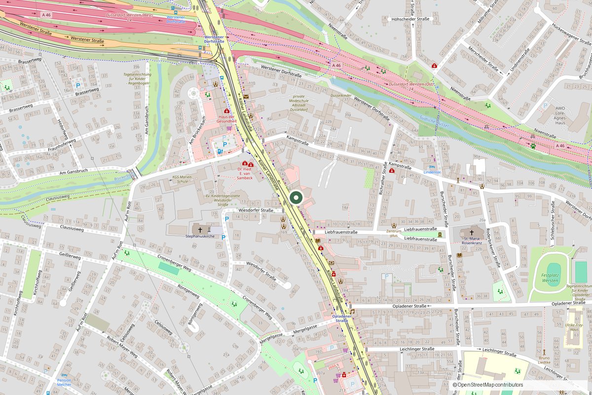Karte Düsseldorf-Wersten mit Markierung der Yogaeule, Kölner Landstraße 152