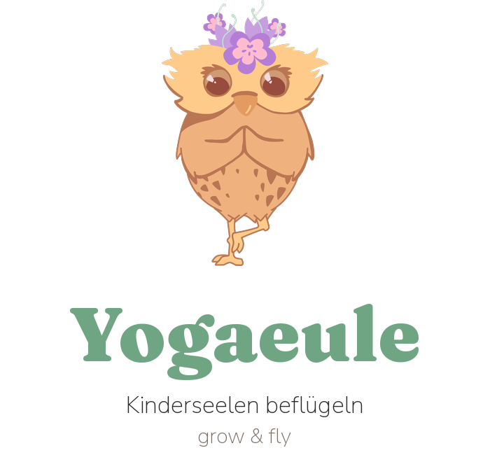 Yogaeule Logo — Eule im Yoga-Sitz mit Blumenkranz